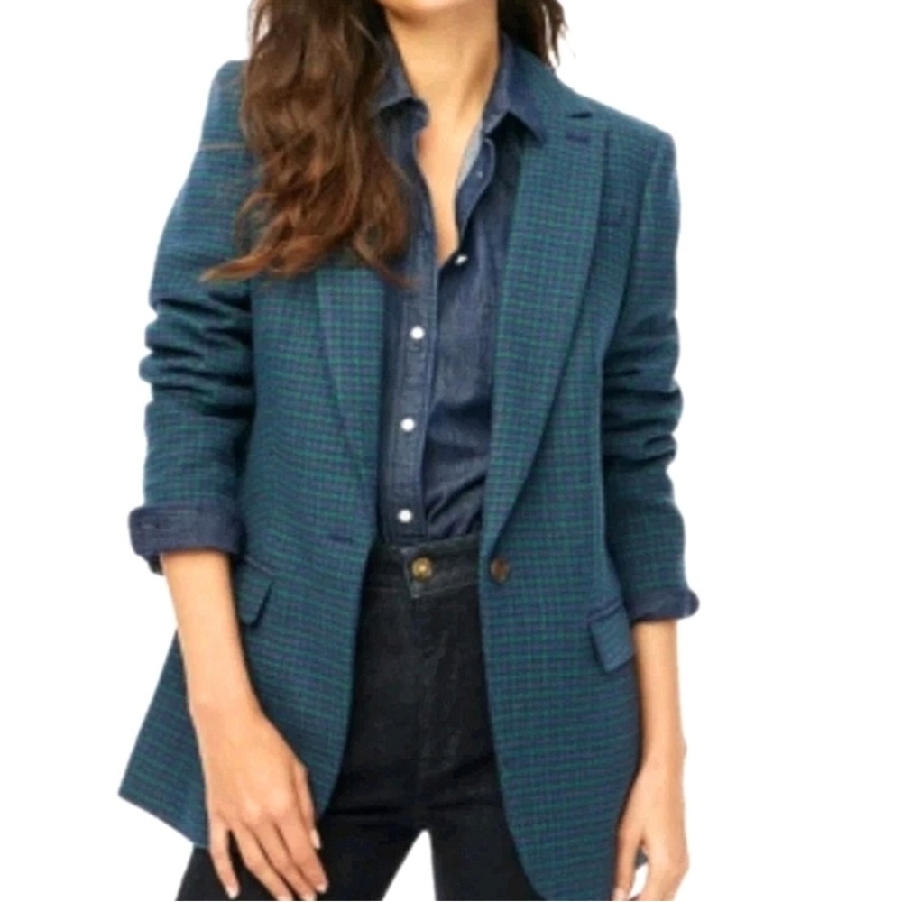 J. CREW $228 Wool Blend Houndstooth Blue Green One Button Blazer Sz 12 CC684